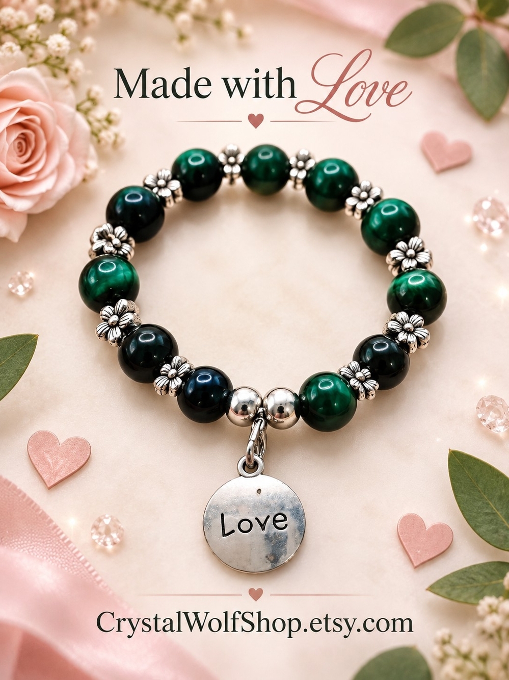 Green Bead Bracelet with 'Love' Charm